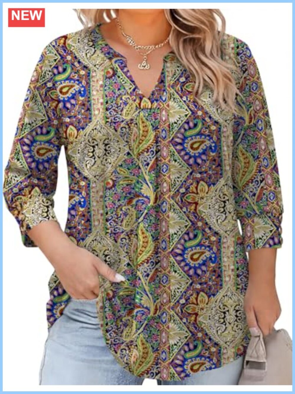 Womens Plus Size Tunic Top 3/4 Sleeve V Neck Pleated Blouse 1X-5X